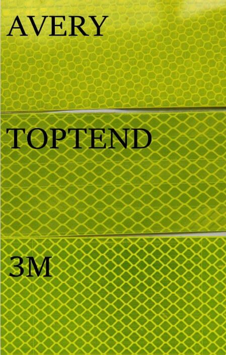 Diamond grade fluorescent yellow green / lime yellow reflective tape comparison with 3M 4083,983-23 and Avery T 11513